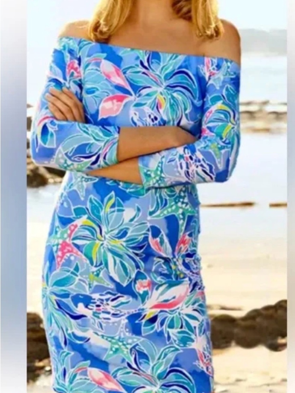 Lilly Pulitzer Off-Shoulder Floral Blue Stretch Dress